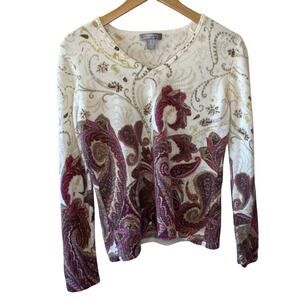 Cashmere by Charter Club Cream & Burgundy Paisley V Neck Cashmere Sweater Med